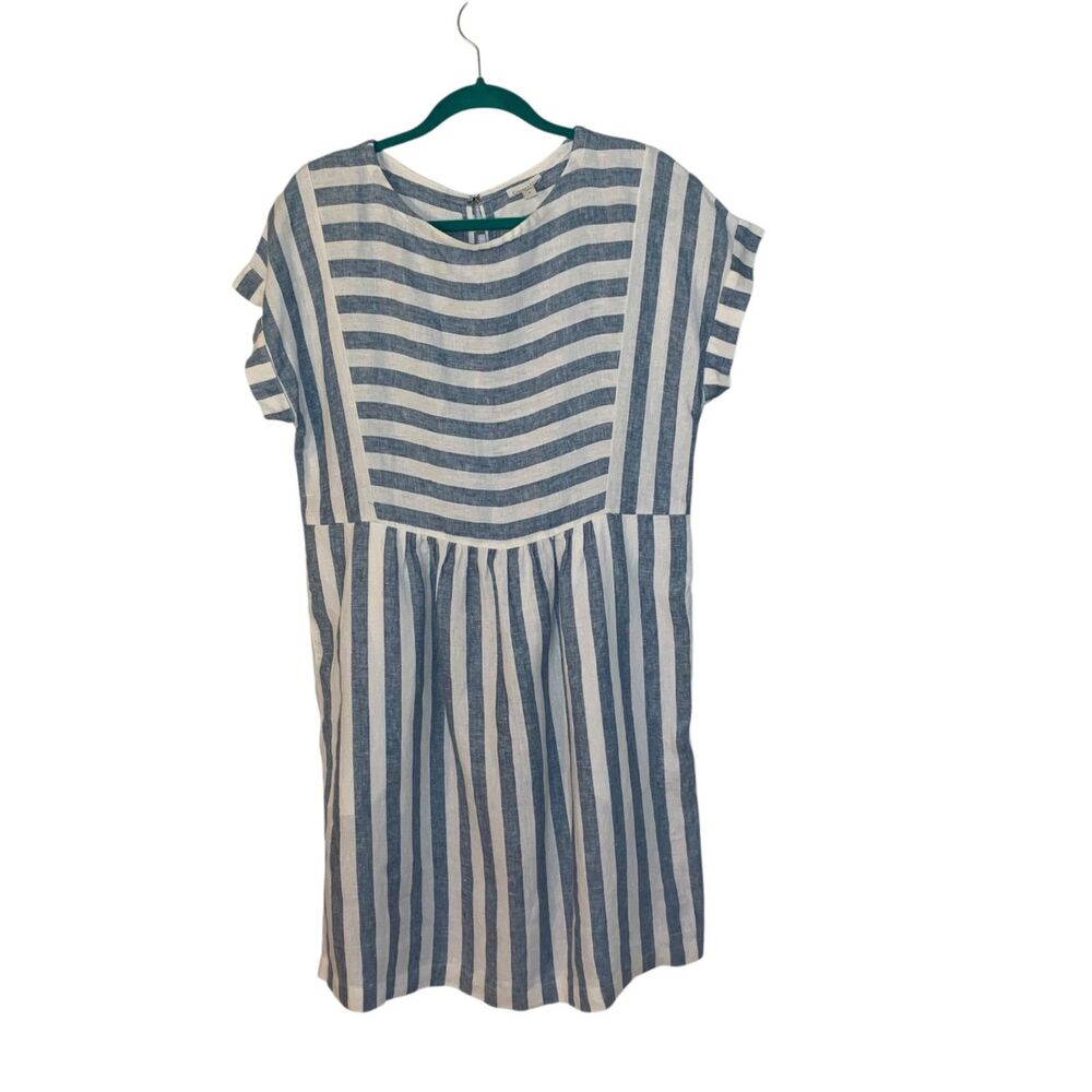 Garnet Hill Blue White Seamed Linen Popover Dress Pockets 8 Coastal Nautical